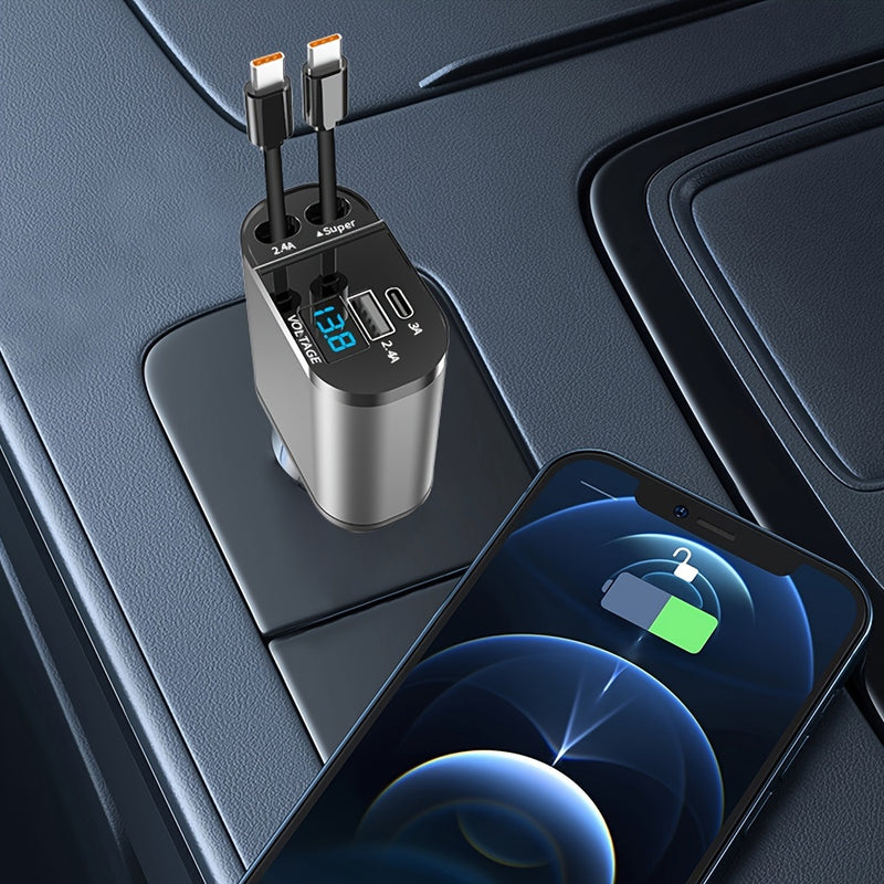 Carregador Celular veicular retrátil rápido de 120 W com 2 cabos retráteis e porta USB -