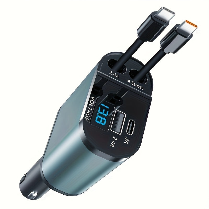 Carregador Celular veicular retrátil rápido de 120 W com 2 cabos retráteis e porta USB -