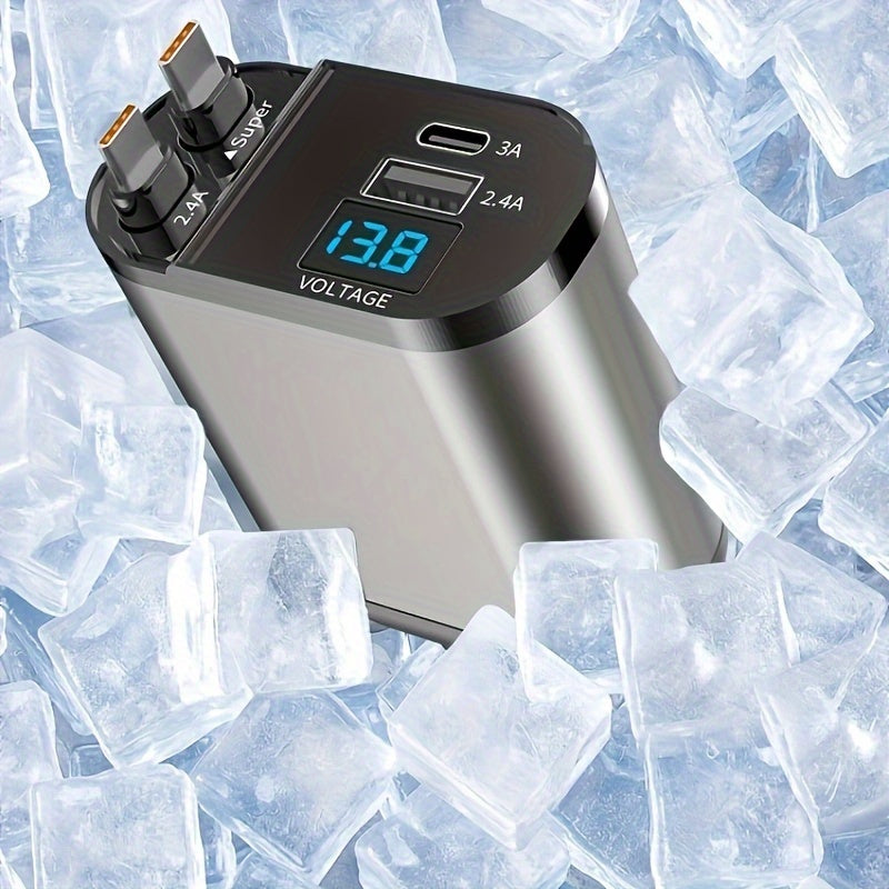 Carregador Celular veicular retrátil rápido de 120 W com 2 cabos retráteis e porta USB -