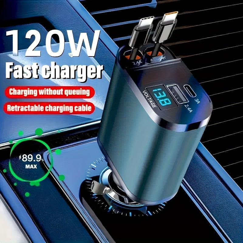Carregador Celular veicular retrátil rápido de 120 W com 2 cabos retráteis e porta USB -