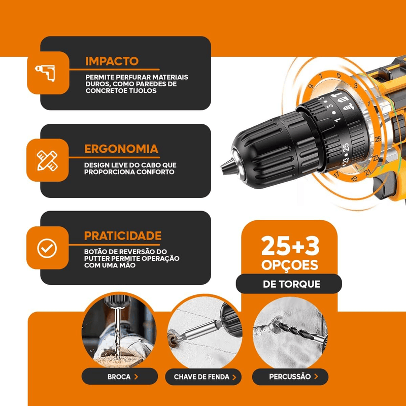 Parafusadeira e Furadeira de Impacta Reversa sem Fio