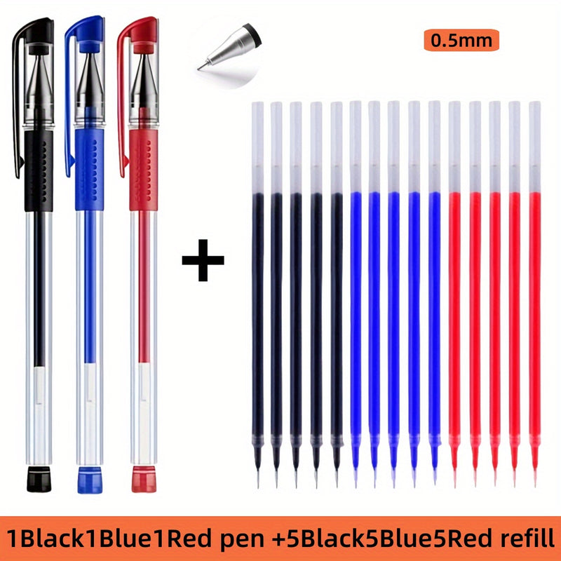 Pacote com 18 canetas em gel: 3 canetas + 15 refis. Caneta à base de água padrão euro