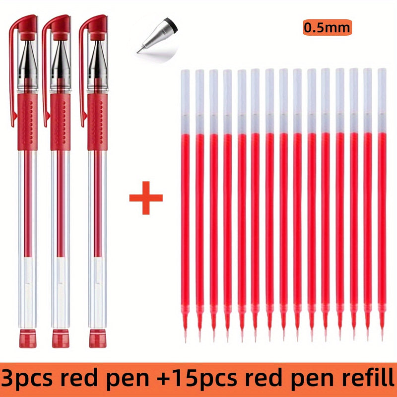 Pacote com 18 canetas em gel: 3 canetas + 15 refis. Caneta à base de água padrão euro