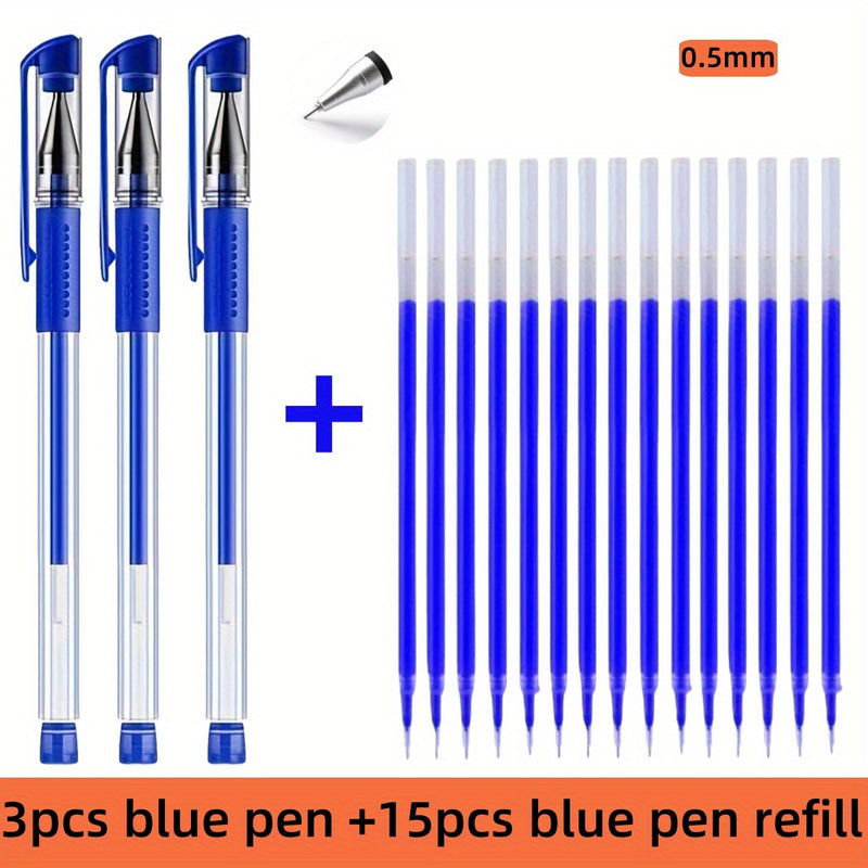 Pacote com 18 canetas em gel: 3 canetas + 15 refis. Caneta à base de água padrão euro