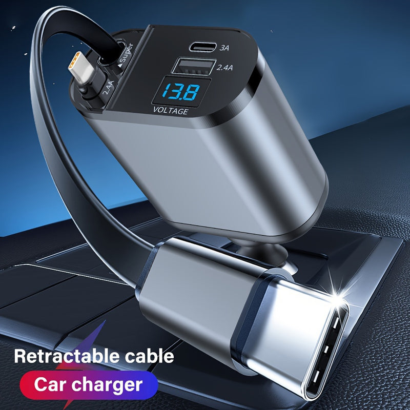 Carregador Celular veicular retrátil rápido de 120 W com 2 cabos retráteis e porta USB -