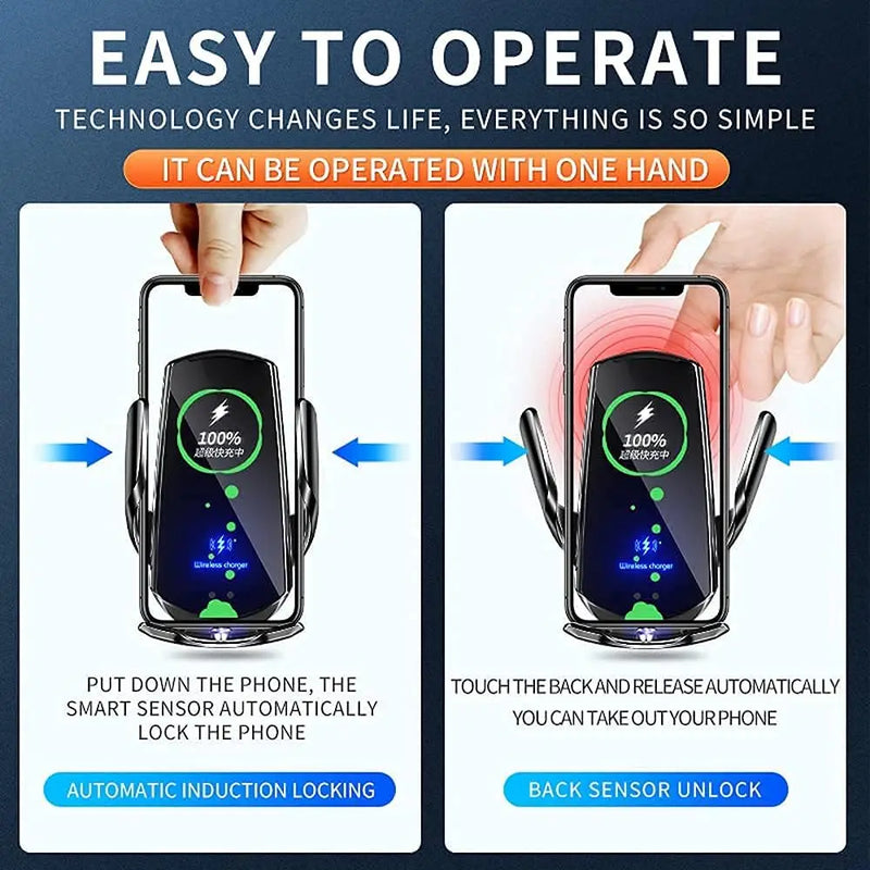 Carregador Telefone sem fio, Sensor de carregamento rápido, suporte de fixação automática para iPhone e All Qi Enable e Android, 15W
