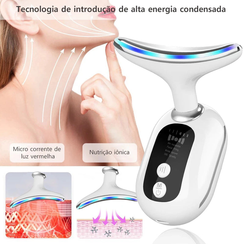 Antirugas - Massageador de rosto  e Pescoço,  possui Microrrentes elétricas com Terapia de luz .