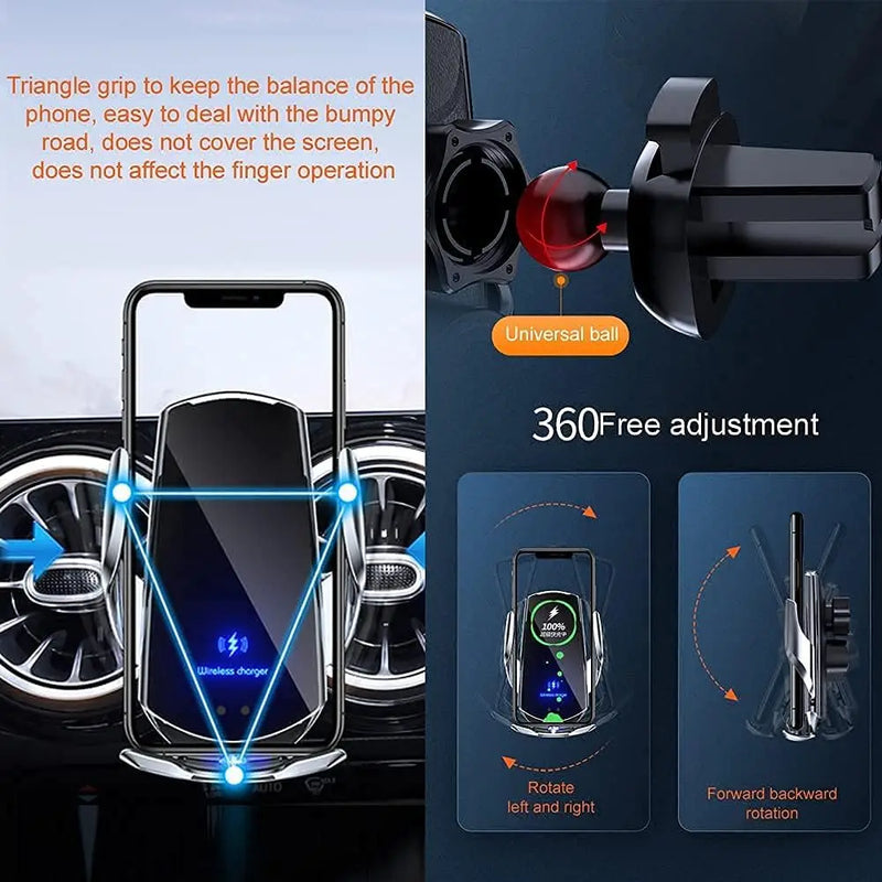 Carregador Telefone sem fio, Sensor de carregamento rápido, suporte de fixação automática para iPhone e All Qi Enable e Android, 15W
