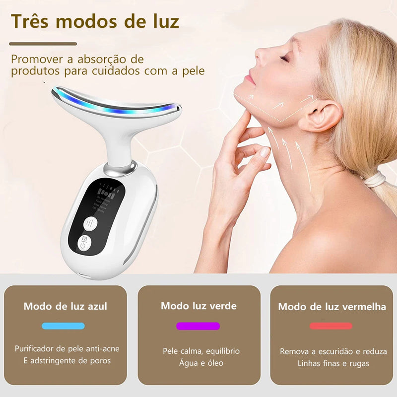 Antirugas - Massageador de rosto  e Pescoço,  possui Microrrentes elétricas com Terapia de luz .