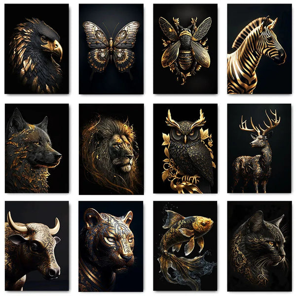 Tela para Quadro NATUREZA VIVA Africa Luxo em Preto e Dourado