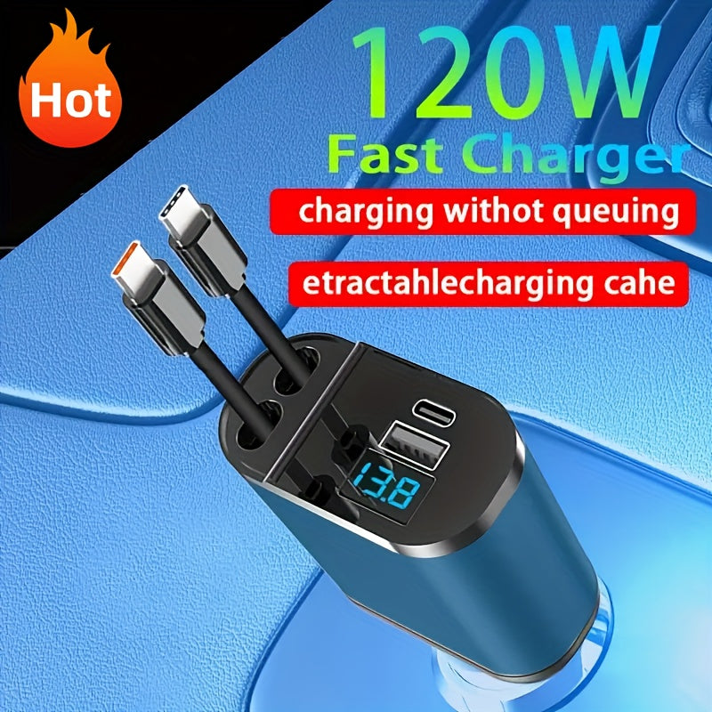 Carregador Celular veicular retrátil rápido de 120 W com 2 cabos retráteis e porta USB -