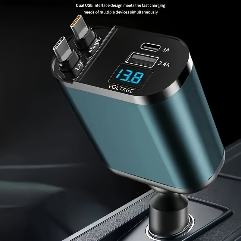 Carregador Celular veicular retrátil rápido de 120 W com 2 cabos retráteis e porta USB -