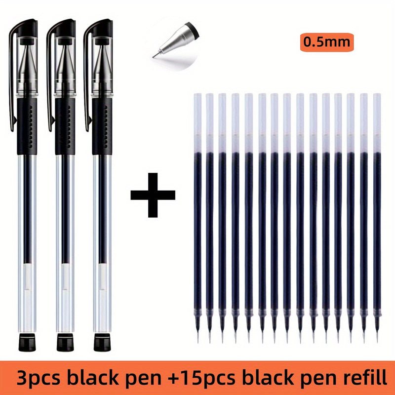 Pacote com 18 canetas em gel: 3 canetas + 15 refis. Caneta à base de água padrão euro